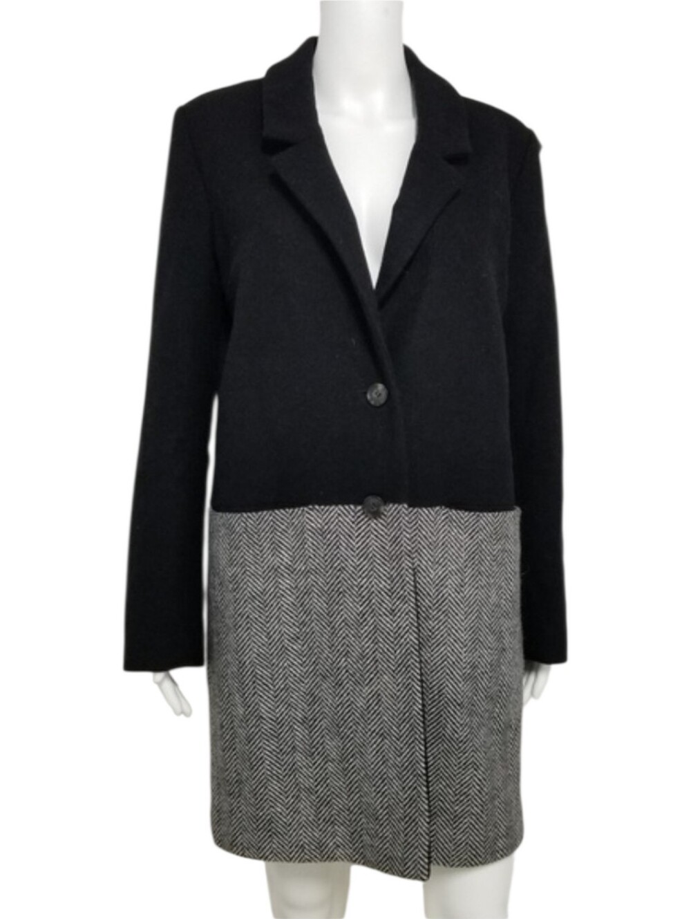 Barneys New York Wool Herringbone Coat Black Gray Small